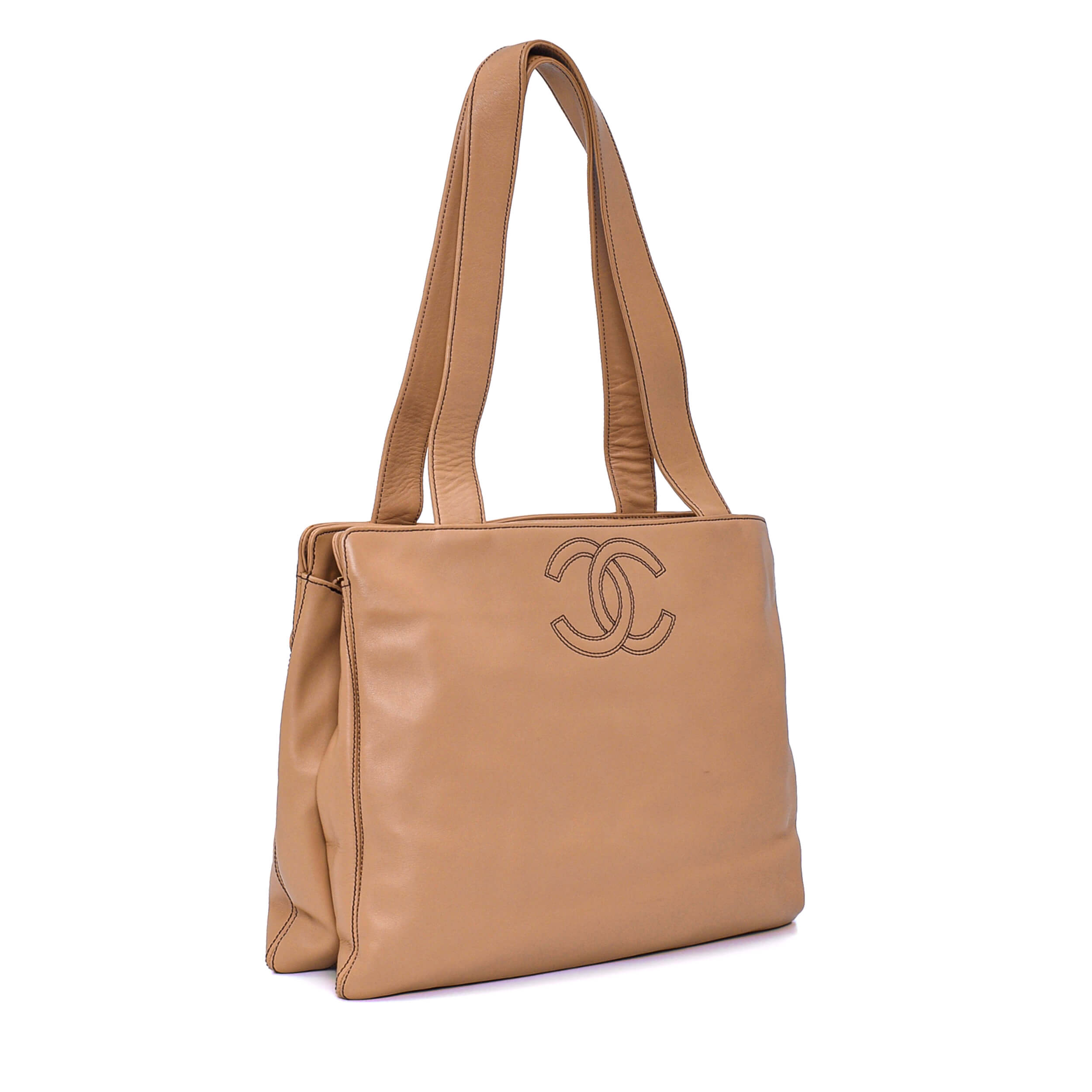 Chanel - Beige Lambskin Leather Vintage CC Tote Bag